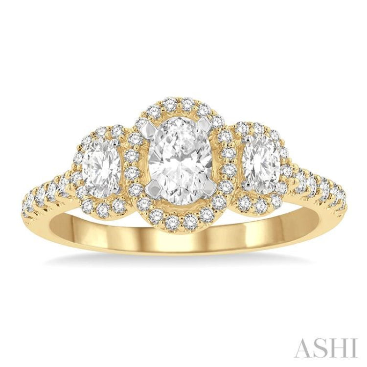 1 Ctw Past, Present & Future Round Cut Diamond Engagement Ring With 3/8 Ct Oval Cut Center Stone in 14K Yellow and White Gold