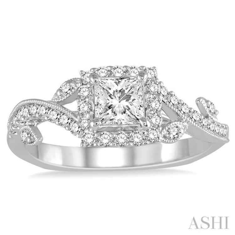 3/4 Ctw Diamond Engagement Ring with 3/8 Ct Princess Cut Center Stone in 14K White Gold
