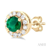 3.25 MM Round Emerald and 1/10 Ctw Single Cut Diamond Halo Precious Stud Earrings in 10K Yellow Gold