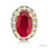 5x3 MM Oval Shape Ruby and 1/8 Ctw Single Cut Diamond Halo Precious Stud Earrings in 10K Yellow Gold
