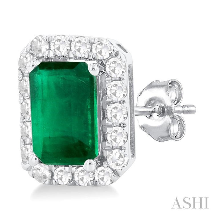 6x4 MM Octagonal Shape Emerald and 1/4 Ctw Round Cut Diamond Halo Precious Stud Earrings in 14K White Gold
