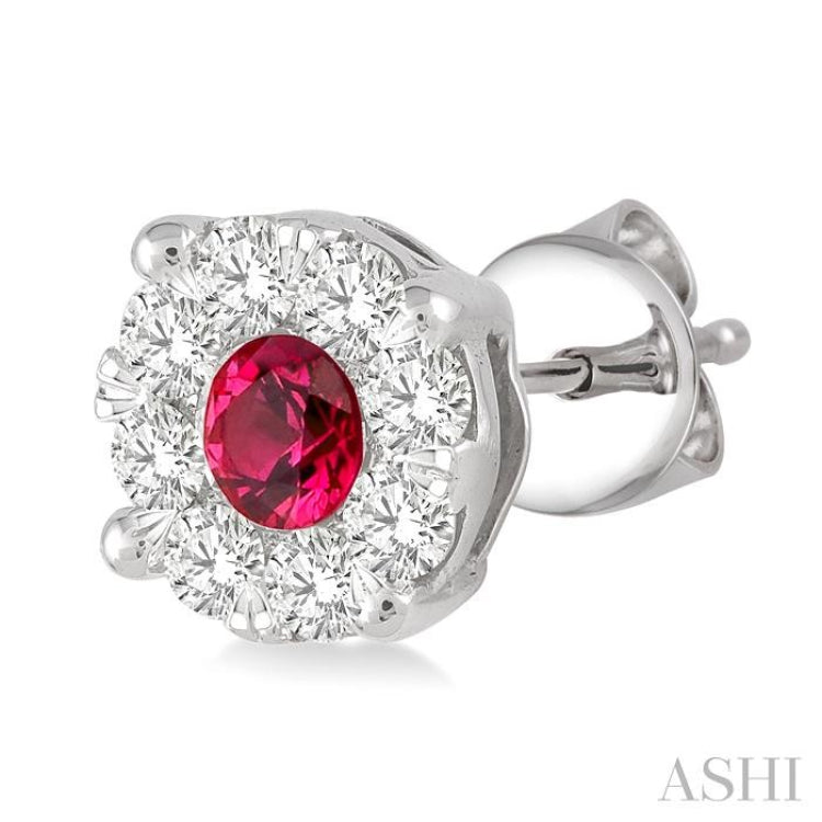 3.3 MM Round Cut Ruby and 1/2 Ctw Lovebright Diamond Precious Earrings in 14K White Gold