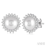 7x7 MM Round Shape Cultured Pearls and 1/4 Ctw Round Cut Diamond Earrings in 14K White Gold
