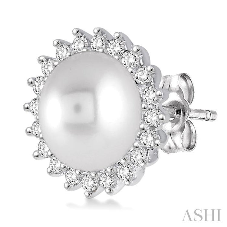 7x7 MM Round Shape Cultured Pearls and 1/4 Ctw Round Cut Diamond Earrings in 14K White Gold