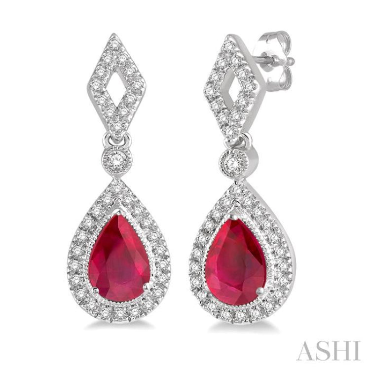 5x3 MM Pear Shape Ruby and 1/5 Ctw Round Cut Diamond Precious Earring in 10K White Gold
