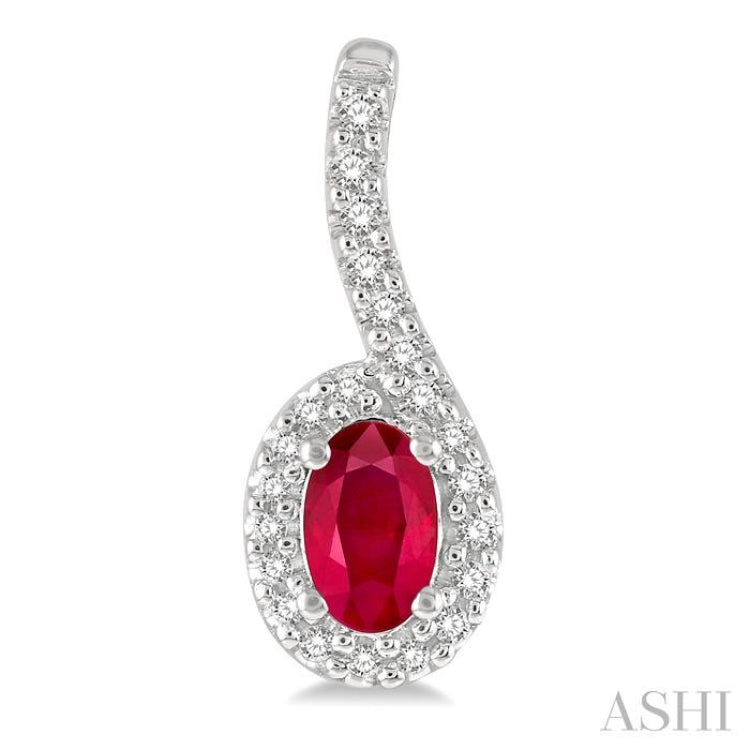 5x3 MM Hanging Arm Oval Cut Ruby and 1/6 Ctw Round Cut Diamond Precious Earring in 10K White Gold