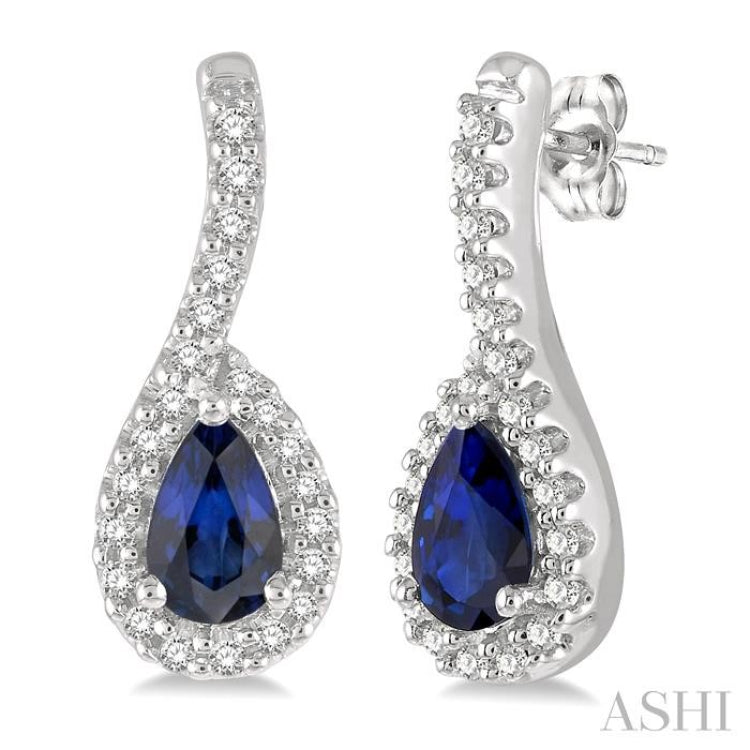 5x3 MM Hanging Arm Pear Cut Sapphire and 1/6 Ctw Round Cut Diamond Precious Earring in 10K White Gold