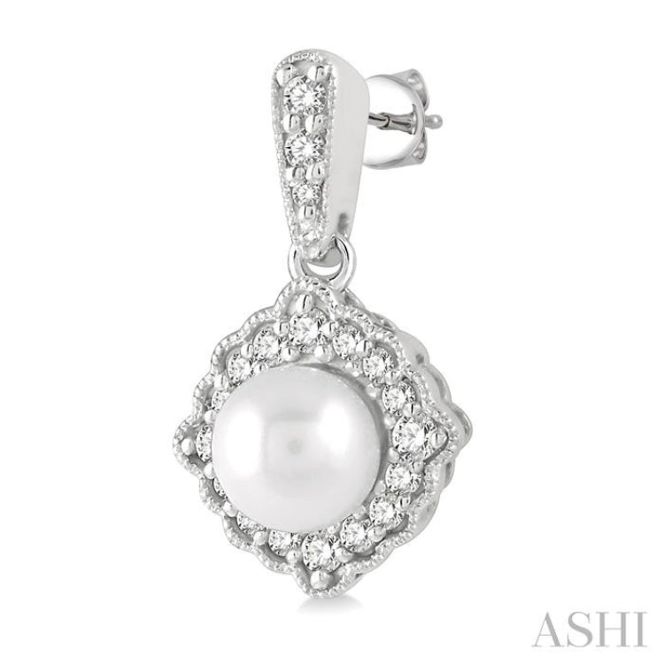 6 MM Cultured Pearl and 1/4 Ctw Round Cut Diamond Halo Earrings in 10K White Gold