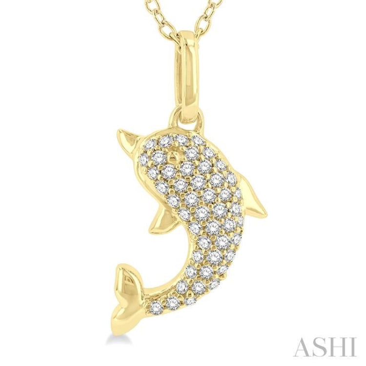 1/6 Ctw Petite Sea Life Dolphin Round Cut Diamond Fashion Pendant With Chain in 10K Yellow Gold