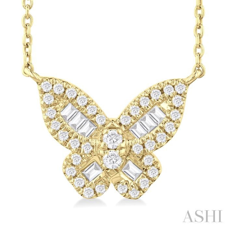 1/3 Ctw Petite Butterfly Baguette and Round Cut Diamond Fashion Pendant With Chain in 10K Yellow Gold