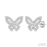 1/2 Ctw Baguette and Round Cut Diamond Butterfly Petite Fashion Stud Earring in 14K White Gold