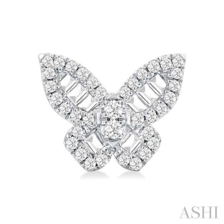 1/2 Ctw Baguette and Round Cut Diamond Butterfly Petite Fashion Stud Earring in 14K White Gold