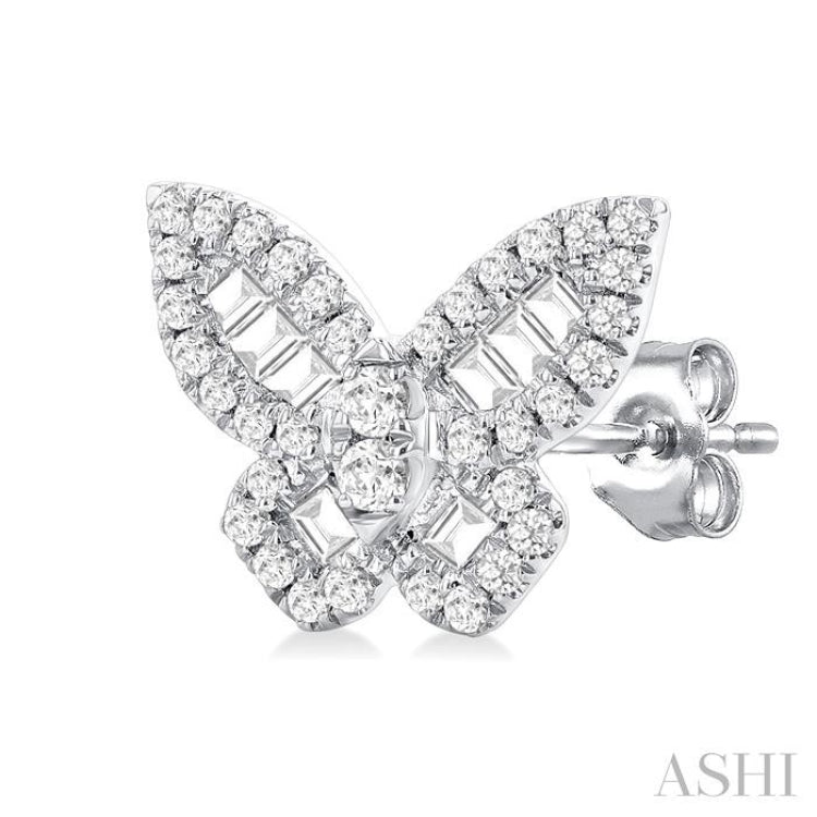 1/2 Ctw Baguette and Round Cut Diamond Butterfly Petite Fashion Stud Earring in 14K White Gold