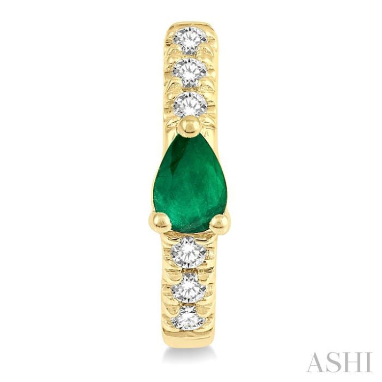 4X3 MM Pear Cut Emerald and 1/10 Ctw Single Cut Diamond Petite Huggie Earrings in 10K Yellow Gold