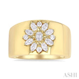 5/8 Ctw Mixed Cut Diamond Floral Centerpiece Bold Gold Wide Band in 14K Yellow Gold