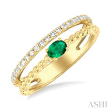 4x3 MM Oval Shape Emerald and 1/5 Ctw Single Cut Diamond Precious Split Twin Ring in 10K Yellow Gold