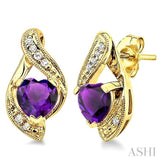 6x6 MM Heart Shape Amethyst and 1/20 Ctw Single Cut Diamond Semi-Precious Earrings in 14K Yellow Gold