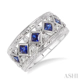 3x3 MM Princess Cut Sapphire and 1/4 Ctw Round Cut Diamond Precious Fashion Band in 14K White Gold