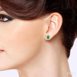 5x3MM Oval Cut Emerald and 1/4 Ctw Round Cut Diamond Earrings in 14K Yellow Gold