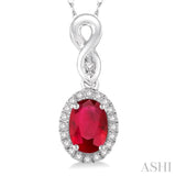 6x4 MM Oval Cut Ruby and 1/10 Ctw Round Cut Diamond Pendant in 14K White Gold with Chain