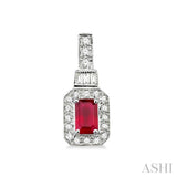 5x3 MM Emerald Shape Ruby and 1/4 Ctw Round and Baguette Cut Diamond Earrings in 14K White Gold