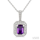 7X5 MM Octagon Shape Amethyst and 1/50 Ctw Round Cut Diamond Semi-precious Pendant With Chain in Sterling Silver