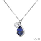 6x4 MM Pear Cut Sapphire and 1/20 Ctw Bezel Set Round Cut Diamond Precious Pendant With Chain in 14K White Gold