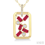 4x2 MM Scatter Baguette Cut Ruby and 1/6 Ctw Round Cut Diamond Precious Fashion Pendant With Chain in 14K Yellow Gold
