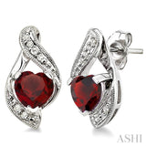 6x6 MM Heart Shape Garnet and 1/20 Ctw Single Cut Diamond Semi-Precious Earrings in 14K White Gold