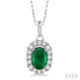 6x4 MM Oval Cut Emerald and 1/6 Ctw Round Cut Diamond Precious Pendant in 14K White Gold with Chain