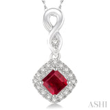 4x4 MM Cushion Shape Ruby and 1/10 Ctw Round Cut Diamond Pendant in 14K White Gold with Chain