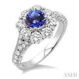 6 MM Round Cut Tanzanite and 1 1/2 Ctw Round Cut Diamond Precious Ring in 14K White Gold