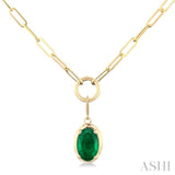 6x4 MM Oval Cut Emerald Solitaire Precious Paperclip Pendant With Chain in 10K Yellow Gold