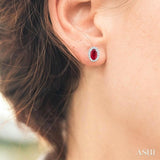 5x3 MM Oval Shape Ruby and 1/8 Ctw Single Cut Diamond Halo Precious Stud Earrings in 10K White Gold
