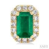 5x3 MM Octagonal Shape Emerald and 1/8 Ctw Single Cut Diamond Halo Precious Stud Earrings in 14K Yellow Gold