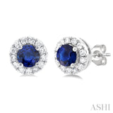 3.25 MM Round Sapphire and 1/10 Ctw Single Cut Diamond Halo Precious Stud Earrings in 10K White Gold