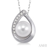 6.5 MM Round Shape Cultured Pearl and 1/20 ctw Round Cut Diamond Pendant in 14K White Gold with Chain