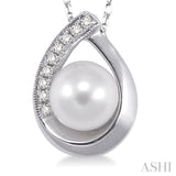 6.5 MM Round Shape Cultured Pearl and 1/20 ctw Round Cut Diamond Pendant in 14K White Gold with Chain