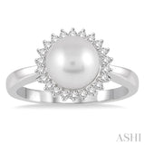 8x8 MM Round Shape Cultured Pearl and 1/5 Ctw Round Cut Diamond Ring in 14K White Gold