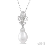 9x7 MM Drop Shape Cultured Pearl and 1/10 Ctw Round Cut Diamond Fleur De Lis Pendant in 10K White Gold