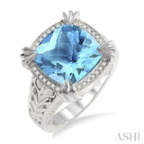 12X12 MM Cushion Shape Blue Topaz and 1/10 ctw Single Cut Diamond Ring in Sterling Silver