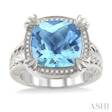 12X12 MM Cushion Shape Blue Topaz and 1/10 ctw Single Cut Diamond Ring in Sterling Silver