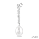 11x8.5 MM Cultured Pearls and 1/4 Ctw Round Cut Diamond Drop Hanging Lovebright Earrings in 14K White Gold
