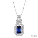 6x4 MM Emerald Shape Sapphire and 1/5 Ctw Interlocking Round Cut Diamond Precious Pendant With Chain in 14K White Gold