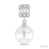 6 MM Cultured Pearls and 1/10 Ctw Baguette and Single Cut Diamond Earrings in 14K White Gold