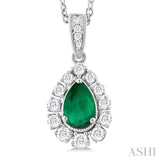 6X4 MM Pear Cut Emerald and 1/4 Ctw Round Cut Diamond Precious Pendant With Chain in 14K White Gold