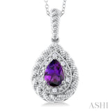 7X5 MM Pear Cut Amethyst and 1/20 Ctw Round Cut Diamond Semi-Precious Pendant With Chain in Sterling Silver