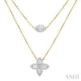1/2 Ctw Floral Baguette and Round Cut Diamond Layered Fashion Necklace in 14K Yellow Gold
