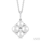 5x5 MM Round Shape Floral Cultured Pearls and 1/10 ctw Round Cut Diamond Fashion Pendant With Chain in 10K White Gold