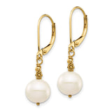 14k 8-9mm White Near-Round Freshwater Cultured Pearl Dangle Leverback Earrings